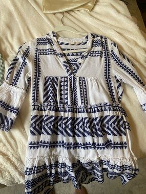 Boho V-Neck Tunic Dress in Navy and White